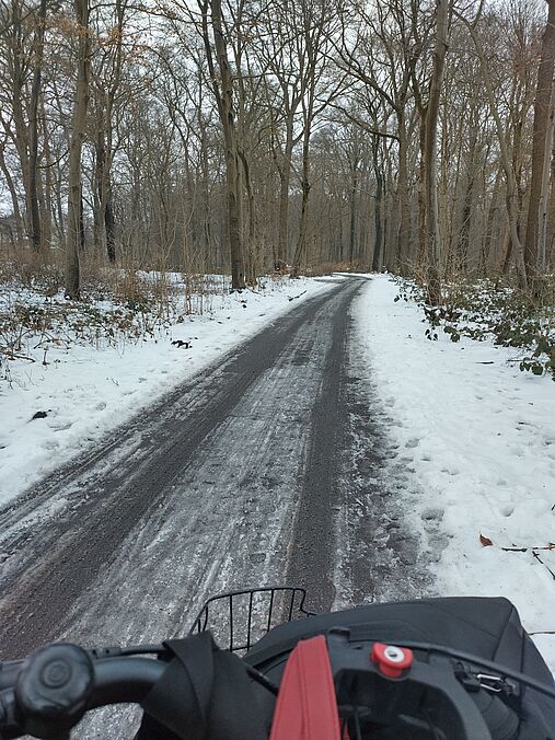 SClecht geräumter Fahrradweg durch einen verschneiten Wald