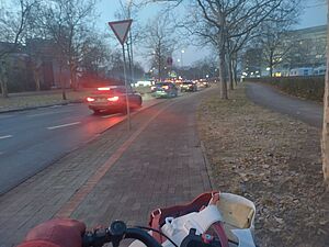 Blick vom abgetrennten Fahrradweg auf eine mehrspurige straße in der Dämmerung. Man sieht rote Rücklichter...