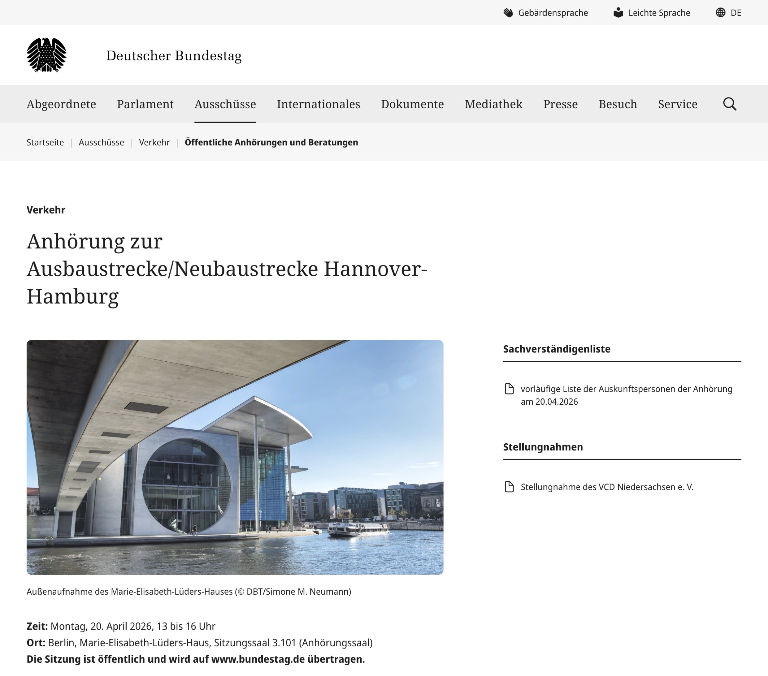 Informationen zur Anhörung zur Neubaustrecke Hamburg – Hannover